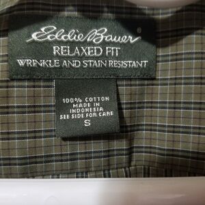 Eddie Bauer Mens Olive Black Grey Plaid Button Down Shirt Small
